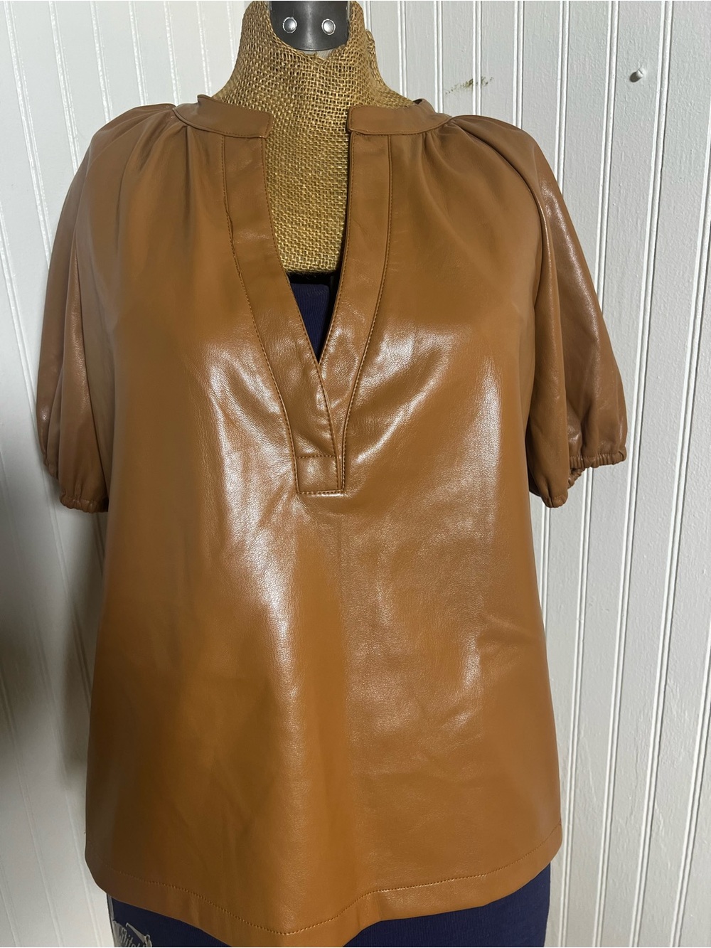 TART Faux Leather Puff-Sleeve Top in Tan